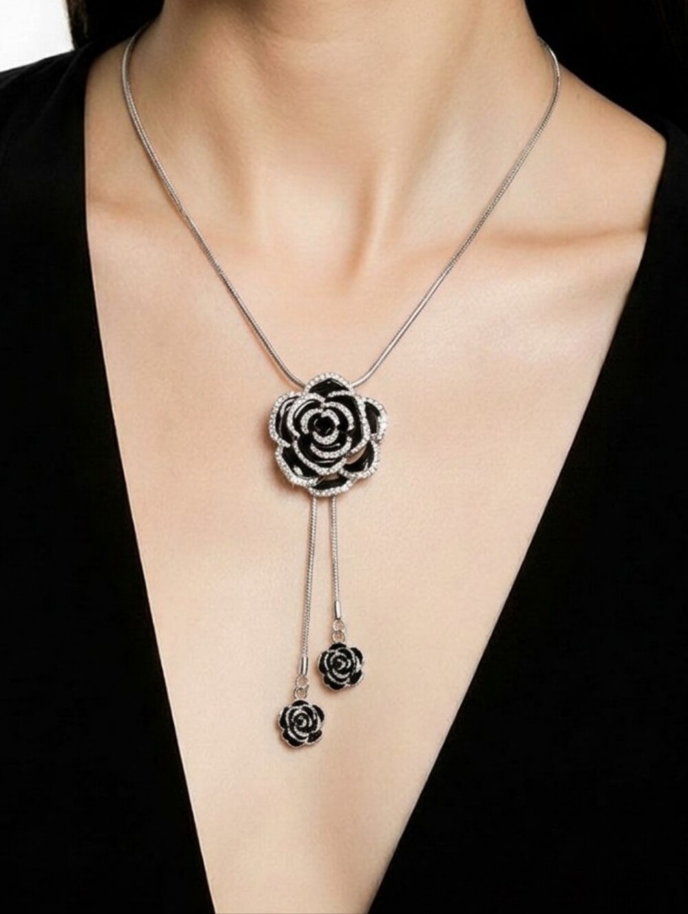 Black Rose Rhinestone Lariat Necklace Gothic Floral Y Pendant Statement Jewelry